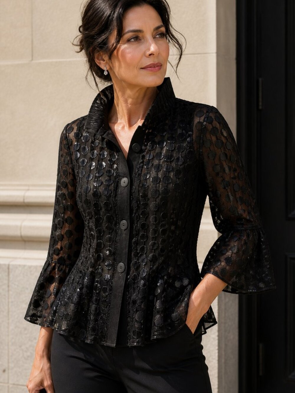 Joseph Ribkoff Black Sheer Polka Dot Blouse Peplum Statement Top 8